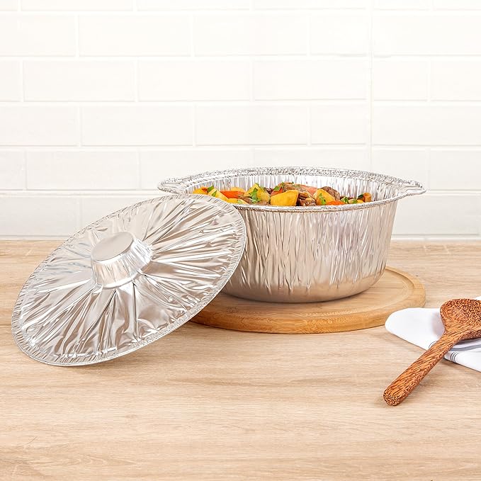 Foil Lux 3.5 Quart Pans And Lids, 100 Disposable Pots With Lids - Oven-Ready, Stove Compatible, Aluminum Foil Baking Pans, Freezable, For Outdoor Camping, Vacation, Picnic, And More - Restaurantware