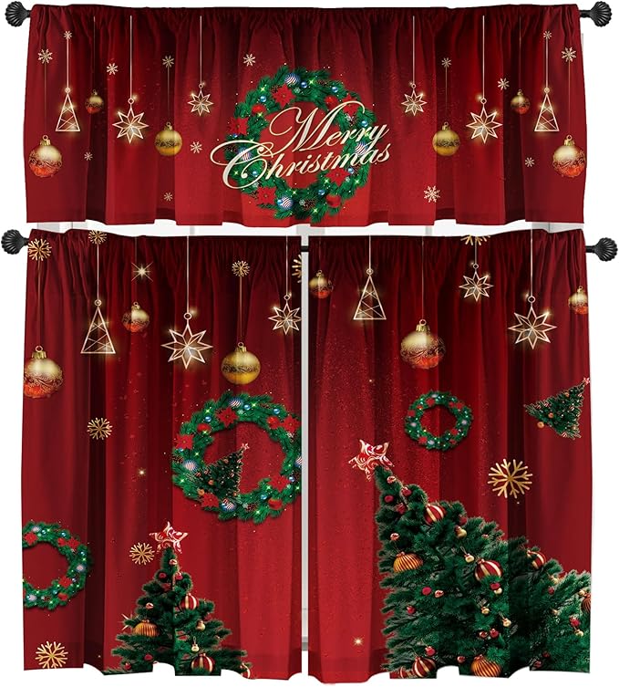 Christmas Valances Curtain Set - Red and Green Christmas Tree and Wreath Pattern, Rod Pocket 3 Panels for Kitchen Bedroom Bathroom Window Decor