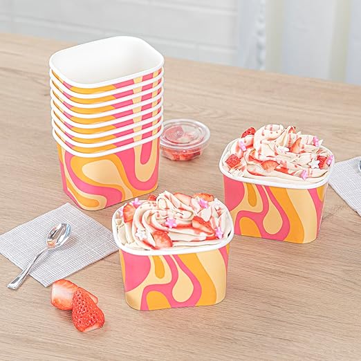Restaurantware Paper Cups 50 Count 12 Ounce Square Disposable Ice Cream Containers, Leak-Resistant Paper Dessert To Go Cups, Hot And Cold Food, Durable Tropical Twist Design