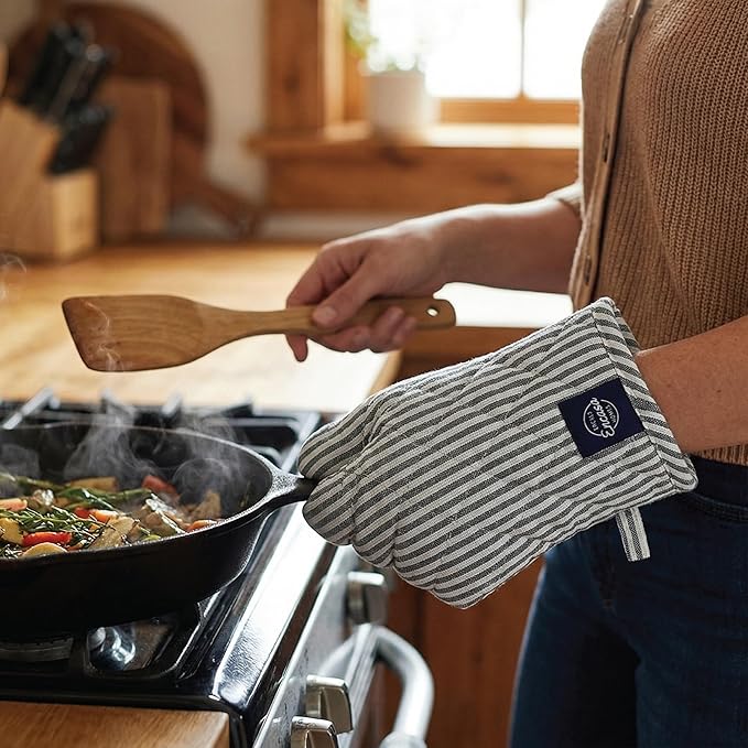Encasa XO Heat Resistant 100% Cotton Oven Glove & Potholder Set with Loop, Kitchen Cooking Mittens, Microwave Safe Hot Pads (Ticking Black)