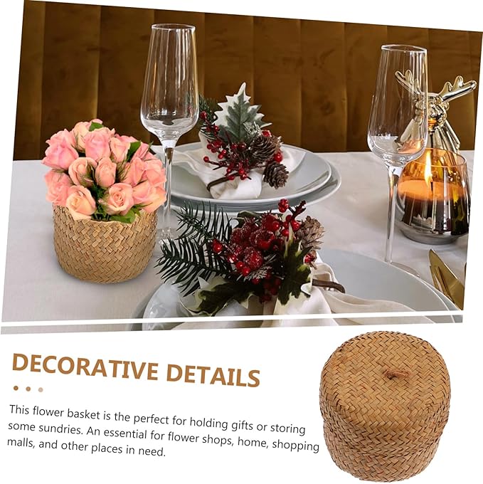 Mini Handmade Woven Flower Basket Box with Lid Seagrass Decorative Storage Basket for Home Decor and Organizing Essentials