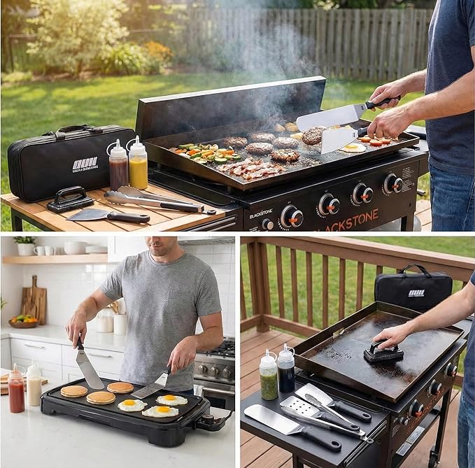 Flat Top Griddle Accessories for Blackstone and Camp Chef Griddle - 9 Pieces Set with Griddle Cleaning Kit and Carry Bag! Metal Spatula, Scraper for Hibachi and Teppanyaki Grill