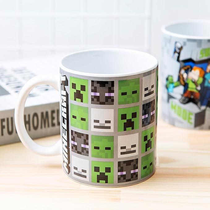 Zak Designs Minecraft Mug Unique Ceramic Coffee Cup Set, Can Coffee Mugs with Comfortable Handle for Gamer Gifts, Dishwasher and Microwave Safe (11.5 oz, 4-Piece Set)
