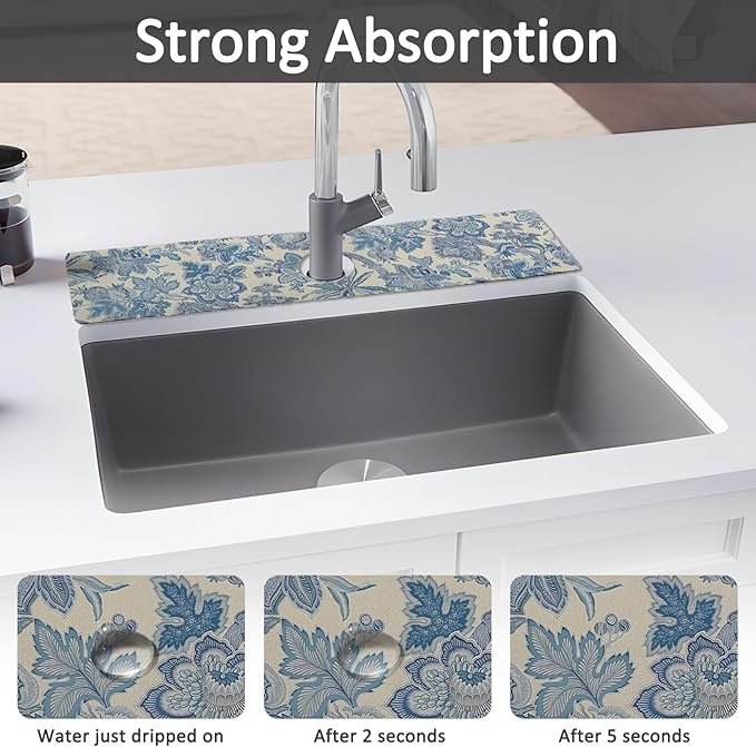 24" X 5.5" Kitchen Sink Splash Guard Faucet Mat Flora Super Absorbent Fast Drying Faucet Guard & Draining Mat Sink Splash Guard Behind Faucet for Kitchen, Bathroom