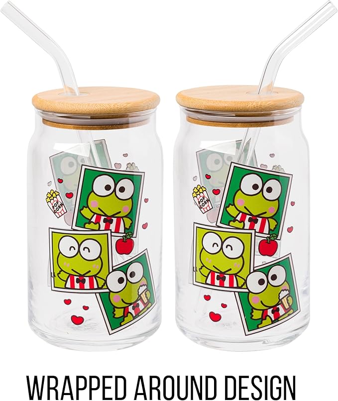 Silver Buffalo Sanrio Hello Kitty and Friends Keroppi Polaroids Glass Jar Tumbler with Bamboo Lid and Glass Straw, 16 Ounces (Pack of 12)