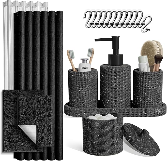Clara Clark Coal Black Bathroom Set - Bathroom Sets with Shower Curtain and Rugs, 21PC Bathroom Accessory Set, Shower Curtain Set with Soap Dispenser & Toothbrush Holder