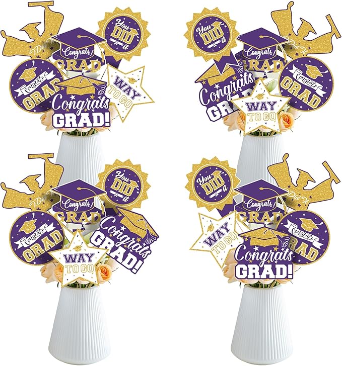 2026 Graduation Party Decorations - 24 Pcs Class of 2026 Congrats Grad Table Centerpieces Graduation Table Decorations Sticks Table Toppers for Graduation Party (Purple Gold)