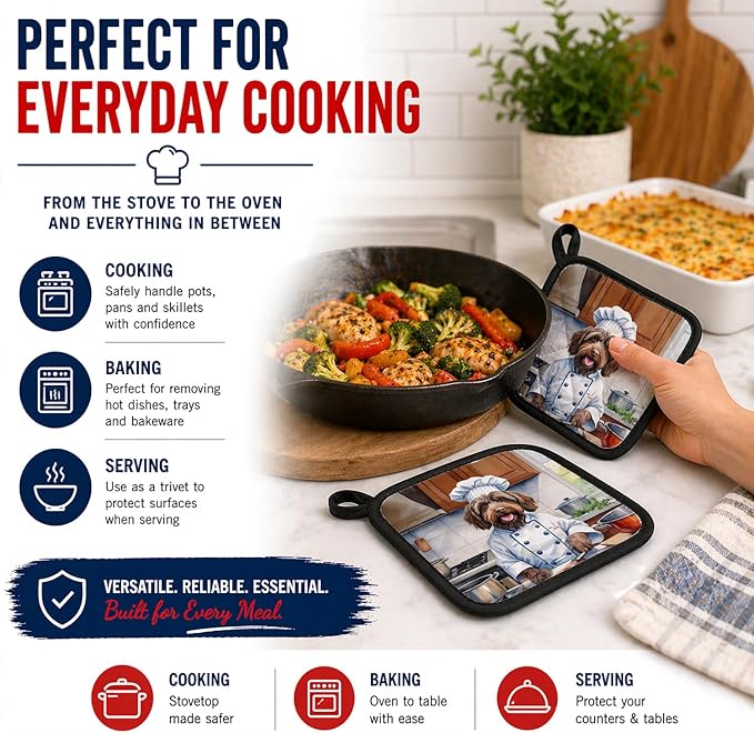 Caroline's Treasures Wirehaired Pointing Griffon The Chef Pair of Pot Holders Kitchen Heat Resistant Pot Holders Sets Oven Hot Pads for Cooking Baking BBQ, 7 1/2 x 7 1/2