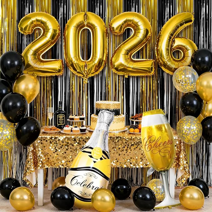 2026 Happy New Years Party Decorations, Gold Black Foil Fringe Curtains Number 2026 Party Balloons for New Year Photo Props, 2026 New Year's Eve Party Supplies，Graduation School Decor