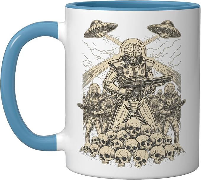 Alien Brain Soldier Retro Sci Fi Saucer Art Ceramic Mug, Blue/White