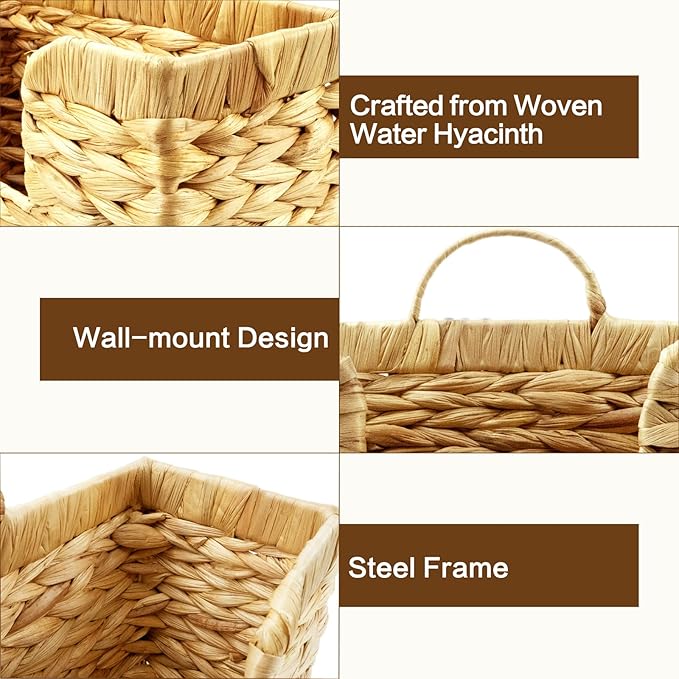 Woven Hanging Magazine Holder, Water Hyacinth Mail Basket Wall Mounted Magazine Basket Rack with Handle for Book, Files Bathroom, Home, Office - 11.75 X 4.2 X8 Inch