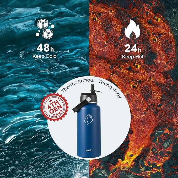 BUZIO 32 oz Water Bottle Insulated, Leakproof Stainless Steel Flask (Cold for 48 Hrs), Wide Mouth BPA-Free Metal Thermo Hydro Canteen with 2 Lids, Blue