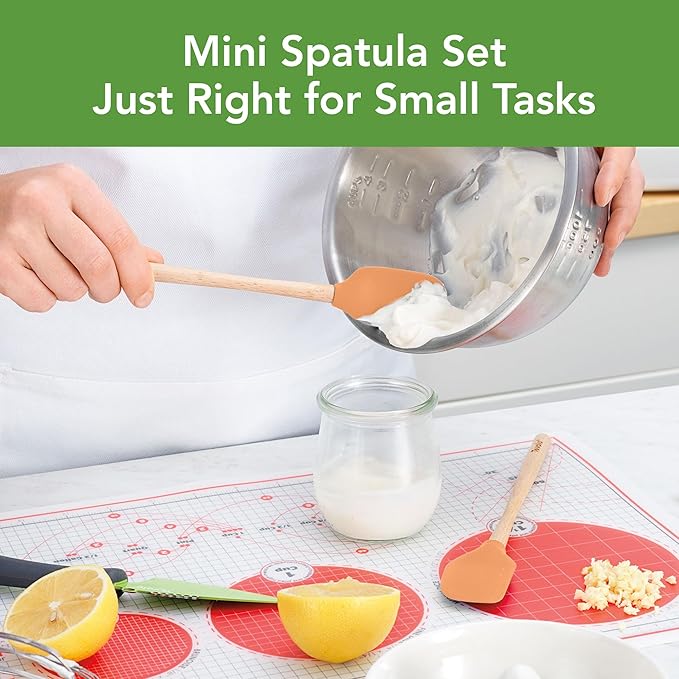 Tovolo Mini Spoon Spatula Wooden Handle Set for Cooking and Baking, Heat Resistant Safe for Cast Iron BPA Free Silicone Mixing Tool Natural Wood Perfect for Scraper Mixing Spooning, Apricot Orange