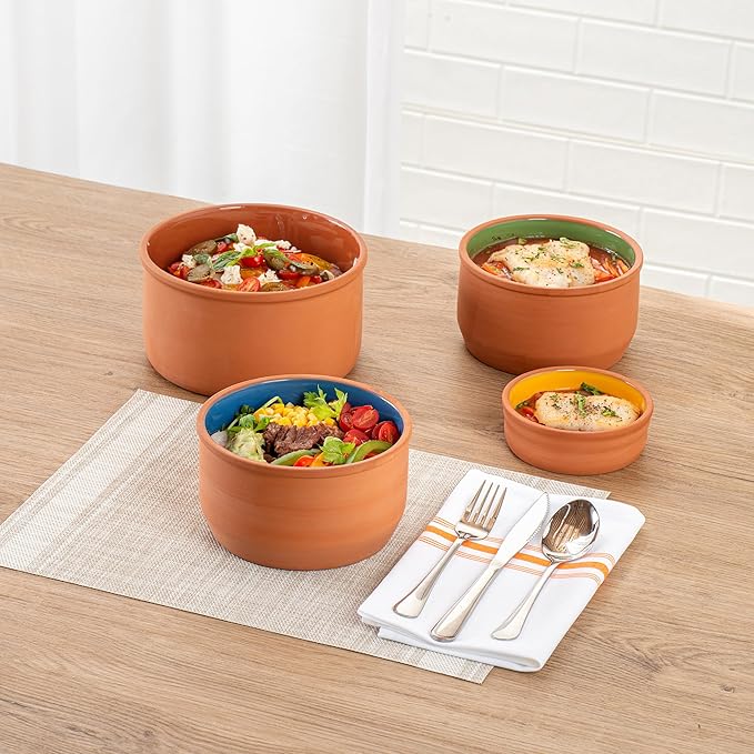 Restaurantware-Terra Tek 34 Ounce Terracotta Cazuelas, 2 Blue Glazed Clay Pots For Cooking - Oven-Ready, Microwavable, Terracotta Serving Pots, Dishwashable, For Cooking And Serving