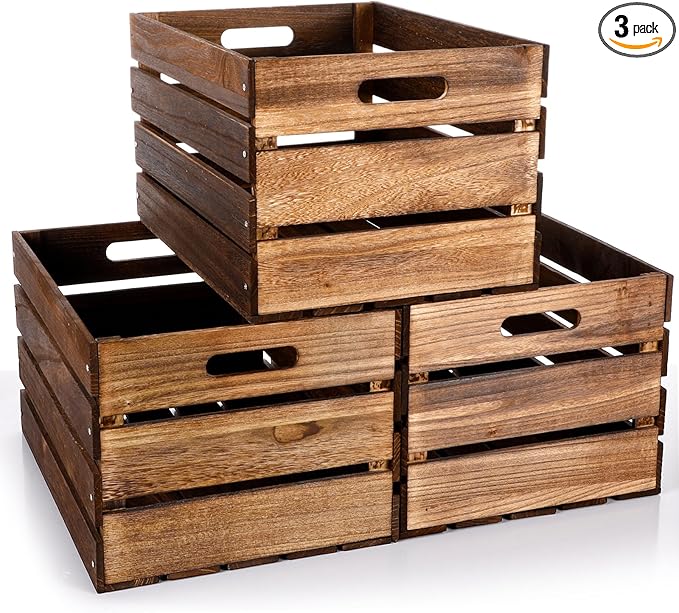 Weysat 3 Pack Large Wood Crates Box for Storage 16 x 12 x 9.5 Inches Unassembled Wooden Milk Crates with Handle Decorative Nesting Box for Display Rustic Decor DIY Office Home Retail Art Craft (Brown)