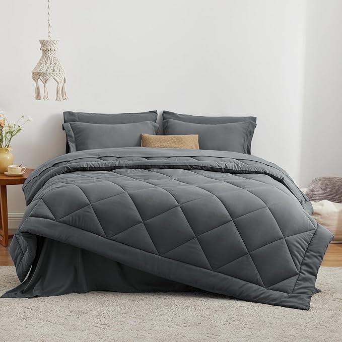 Love's cabin Full Comforter Set Dark Grey, 7 Pieces Full Bed in a Bag, All Season Bedding Sets with 1 Comforter, 1 Flat Sheet, 1 Fitted Sheet, 2 Pillowcase and 2 Pillow Sham | Soft, Breathable, Lightweight, Comfortable