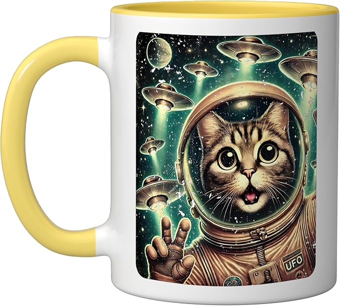 Space Cat Astronaut UFO Funny Sci-fi Alien Selfie Ceramic Mug, Yellow/White