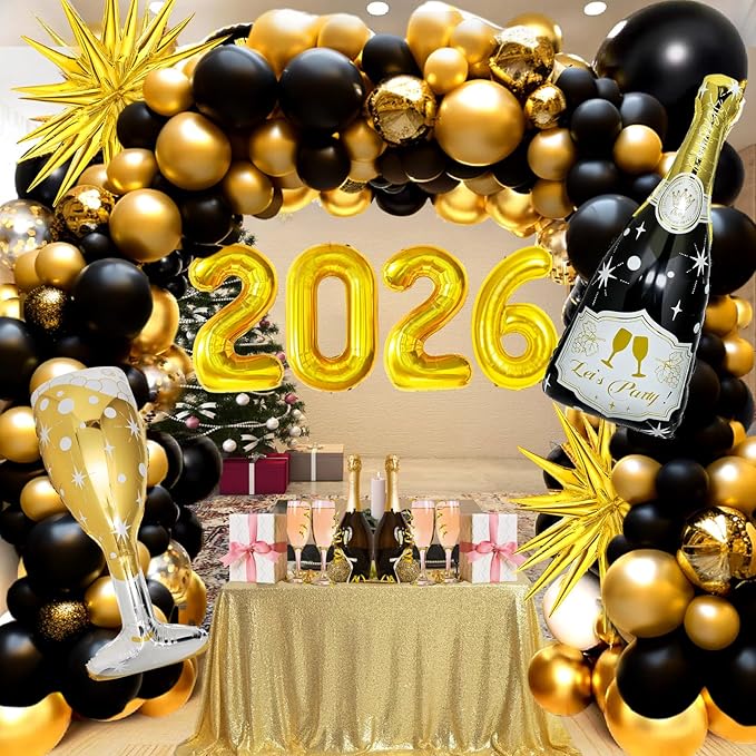 106 Pcs Black and Gold Confetti Balloons Arch Kit, Huge Black Gold Champagne Bottle Goblet Aluminum Foil Balloons for College, Kindergarten Grad, 2026 Graduation Party Decorations Supplies
