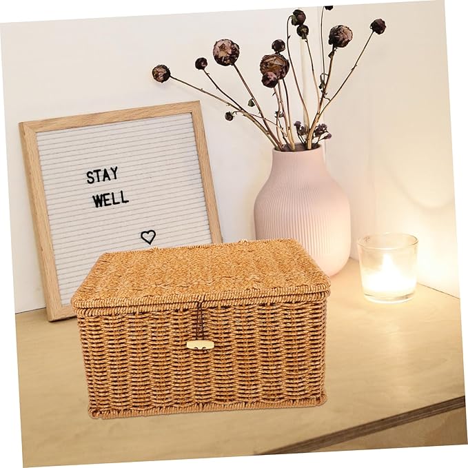 ABOOFAN Lidded Woven Storage Basket Handcrafted Imitation Rattan Box for Organizing Clothes Books and Miscellaneous Items Rustic Decor Light