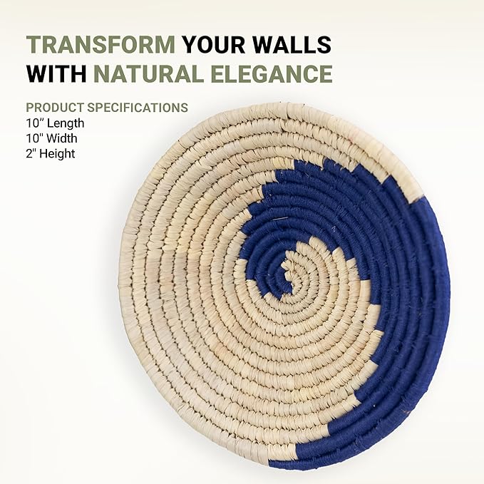 Wicker Village | Handmade Woven Wall Basket Décor | Boho Wall Art | Hanging Accent Rustic Natural Sabai Grass | Blue and Beige | 10" L x 10" W x 2" H