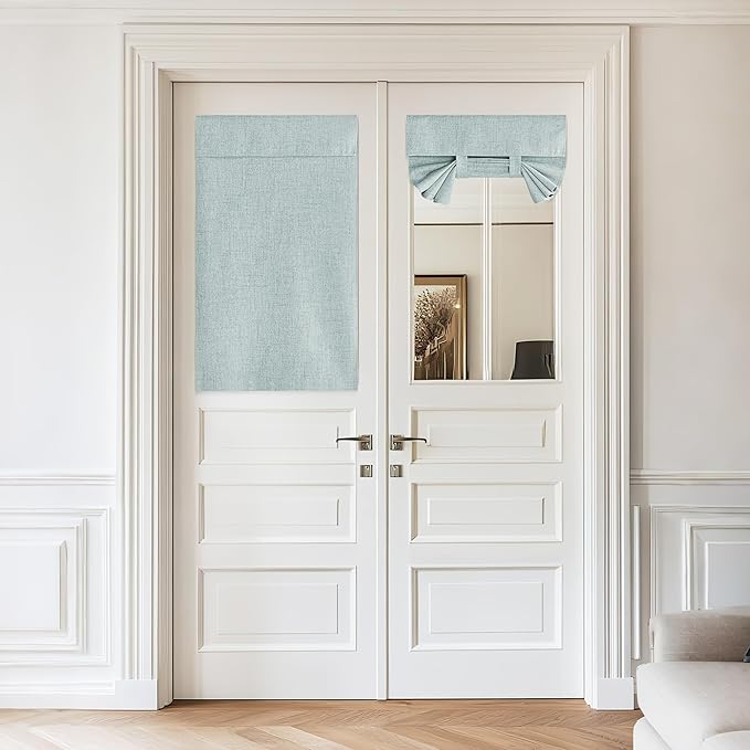NICETOWN 100% Blackout French Door Curtain for Small Window, Adhesive Thick Layer Room Darkening Glass Window Cover for Kitchen Front Door Pricacy, Seafoam Green, W 26 x L 50, 1 Panel