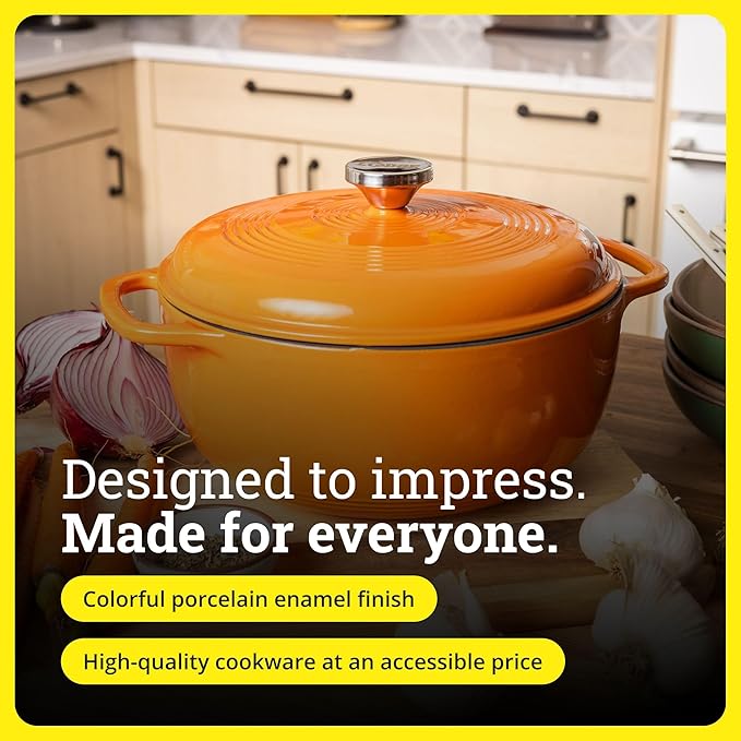 Lodge Essential Enamel Cast Iron Dutch Oven - Perfect for Bread Baking, Braising, Marinating & Slow Cooking - Features Moisture-Sealing Lid & Dual Handles - Kitchen Essentials - 6 Quarts - Pumpkin