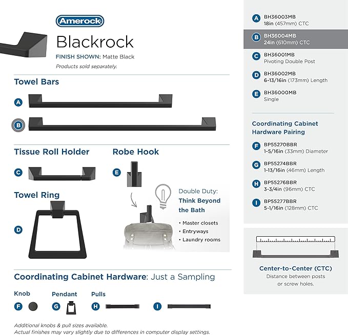 Amerock BH36004MB | Matte Black Towel Bar | 24 in (610 mm) Towel Rack | Blackrock | Bathroom Towel Holder | Bathroom Hardware | Bath Accessories