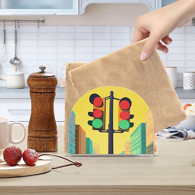 Traffic Light Fixture Yellow Napkin Holder for Table Acrylic Standing Napkin Dispenser for Kitchen Dining Tabletop Cocktail Tissue Paper Holder for Party Home Countertop