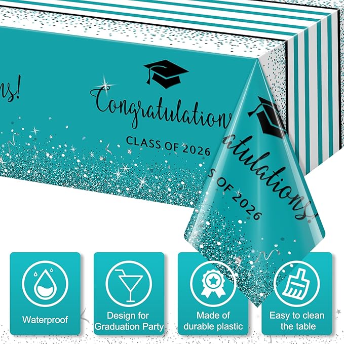 12 Pack Class of 2026 Graduation Tablecloths,Foil Dot Plastic Disposable Rectangle Table Covers for 2026 High School University College Graduation Party Decorations,108*54 Inch (Teal and Black)
