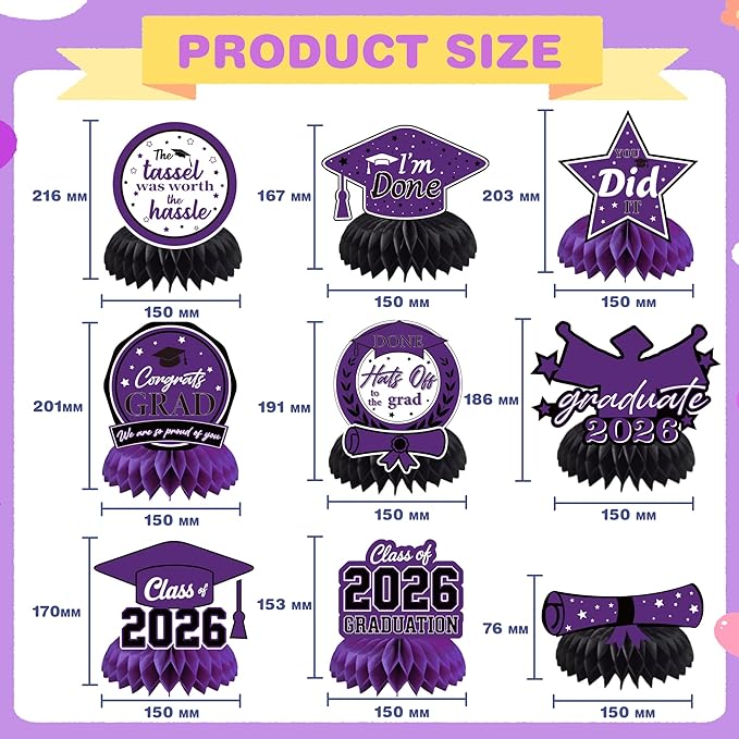 Graduation Decorations 2026 - Purple Graduation Honeycomb for Table Centerpiece | Graduation Party Decorations Class of 2026,Table Toppers for Graduation Party Favors Supplies Indoor Outdoor