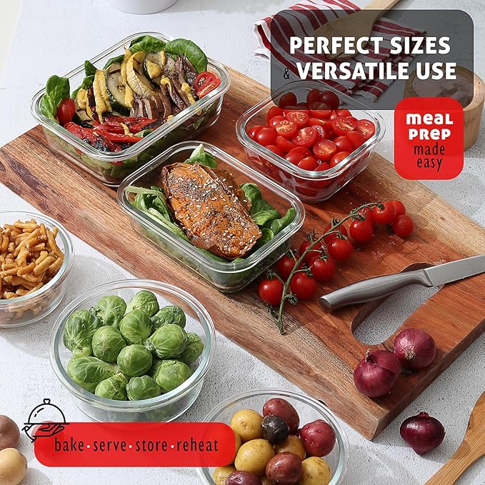 EATEX 24pc Glass Storage Containers with Lids, 12 Glass Food Storage Containers with 12 Airtight Lids for Pantry & Kitchen, Meal Prep Containers for Lunch, Oven Freezer Microwave & Dishwasher Safe