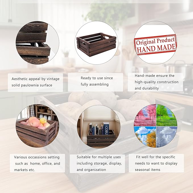 Rustic Vintage Finished 2 Packs Wooden Crate with Handles - Nesting Storage Display Organization Crate for Party Office Bedroom Kitchen and Closet