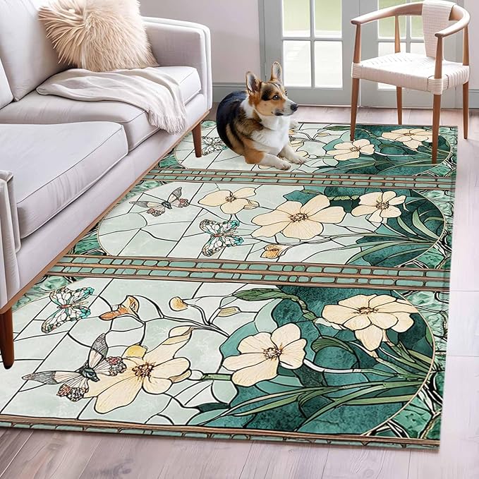 Area Rug 4x6ft, Spring Flower Colorful Butterfly Washable Rugs for Living Room Bedroom, Vintage Green Plant Soft Non-Slip Area Rugs Rectangle Floor Carpet for Dining Room