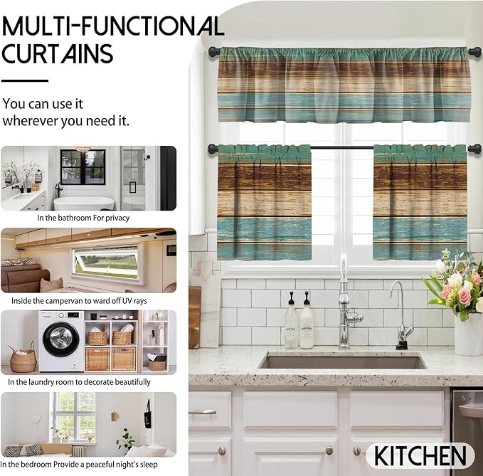 MCALK Teal and Brown Blackout Kitchen Curtains Tiers and Valances for Windows, Farmhouse Kitchen Window Curtains, Wooden Texture Valances for Living Room (36" Tiers Set)