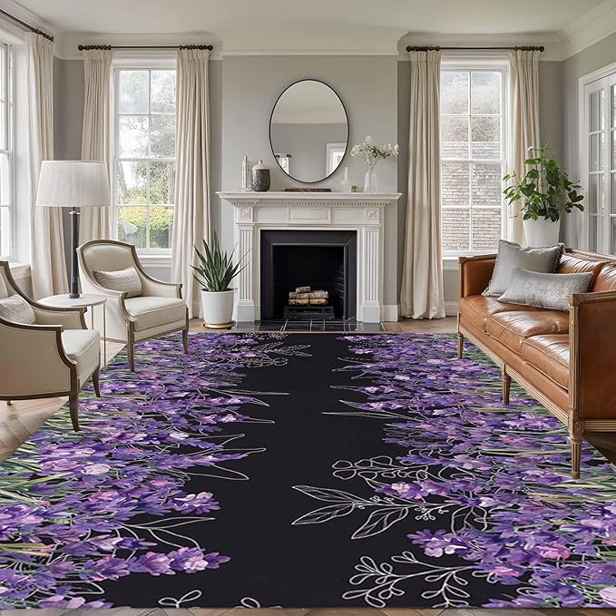 Area Rug 6x9ft, Spring Purple Lavender Flower Washable Rugs for Living Room Bedroom, Watercolor Floral on Black Soft Non-Slip Area Rugs Rectangle Floor Carpet for Dining Room