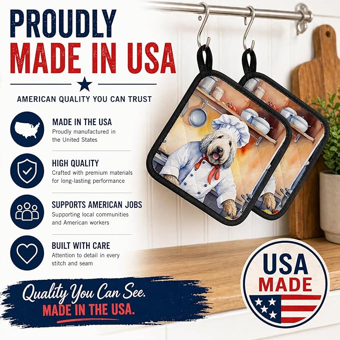 Caroline's Treasures Komondor The Chef Pair of Pot Holders Kitchen Heat Resistant Pot Holders Sets Oven Hot Pads for Cooking Baking BBQ, 7 1/2 x 7 1/2