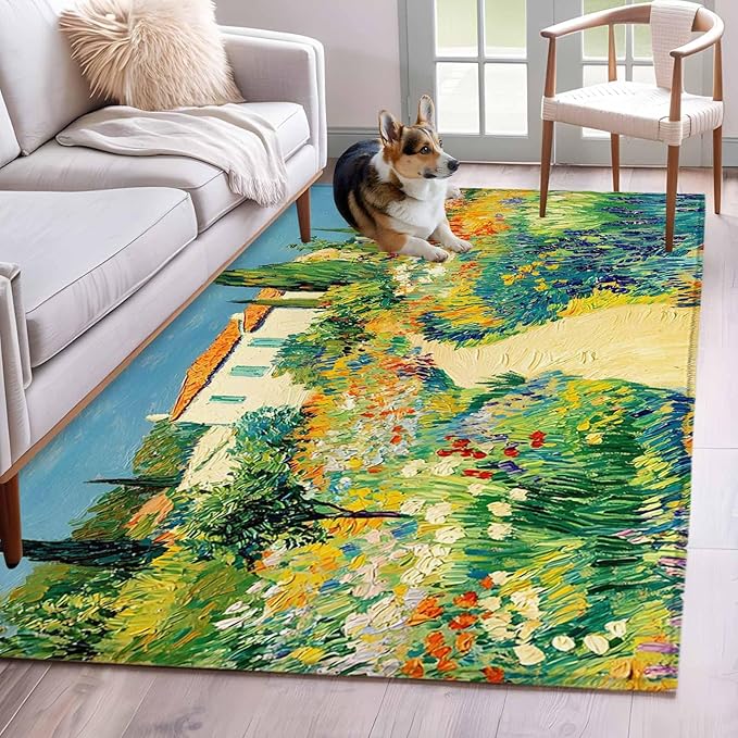 Area Rug 4x6ft, Pastoral Floral Pink Yellow Flower Green Leaves Washable Rugs for Living Room Bedroom, Farm Plants Soft Non-Slip Area Rugs Rectangle Floor Carpet for Dining Room