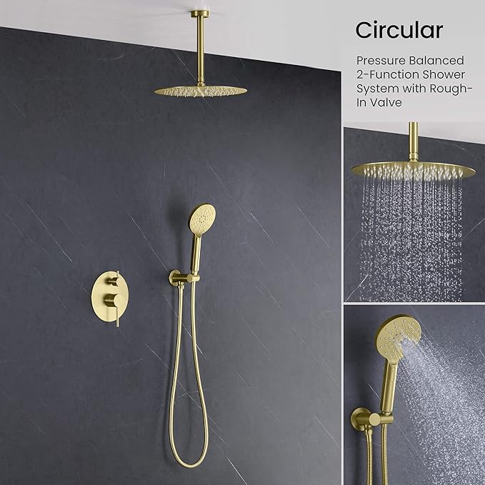 KIBI Circular Ceiling Mounted Shower System with 2-Function Faucet Set | Solid Brass Pressure Balanced Valve | Anti-Scald Design for Reliable Water Temperature Control (Brushed Gold Finish, KSF408)