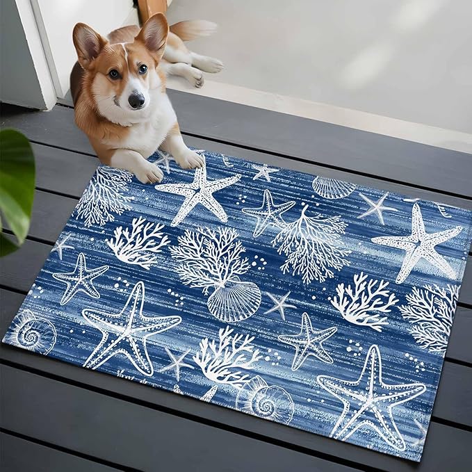 Navy Blue Coastal 2x3 Door Mat Rug, Ocean Coral Starfish Non-Skid Rubber Backing Large Rectangle Rugs - Living Room Bedroom Home Office, Summer Beach Indoor Floor Mat Carpets Washable Rug
