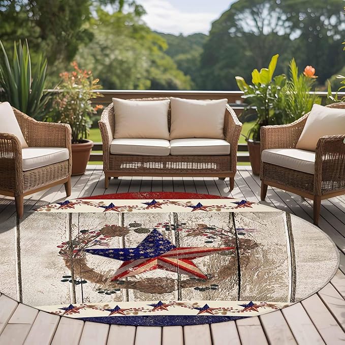 Washable Round Area Rug Retro USA Flag Star and Berry Circle Rugs Floor Carpet for Living Room Bedroom, Wooden Texture Soft Non Slip Round Rug 5ft