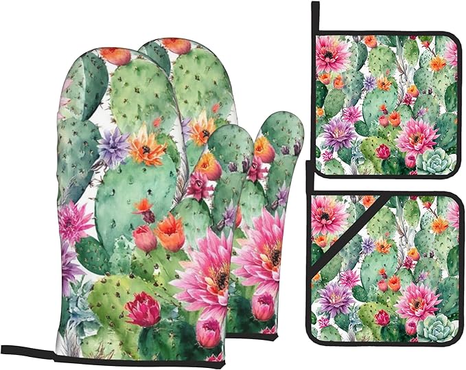 Flower Cactus Oven Mitts with Matching Potholders - Heat Resistant Kitchen Accessories for Baking, Grilling, Cooking, Gifts for Women