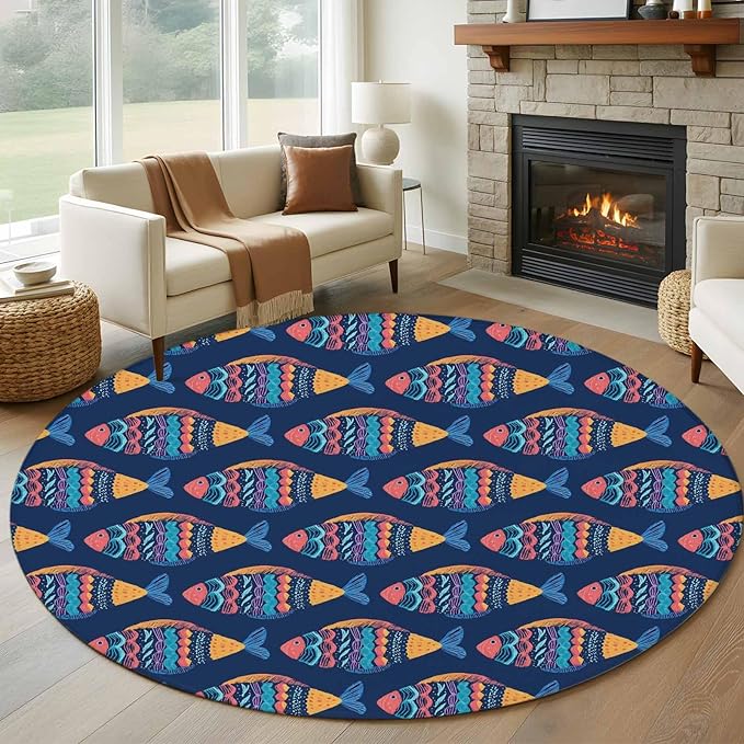 Washable Round Area Rug Ethnic Style Ocean Fish Circle Rugs Floor Carpet for Living Room Bedroom, Watercolor Marine Life on Navy Blue Soft Non Slip Round Rug 5ft