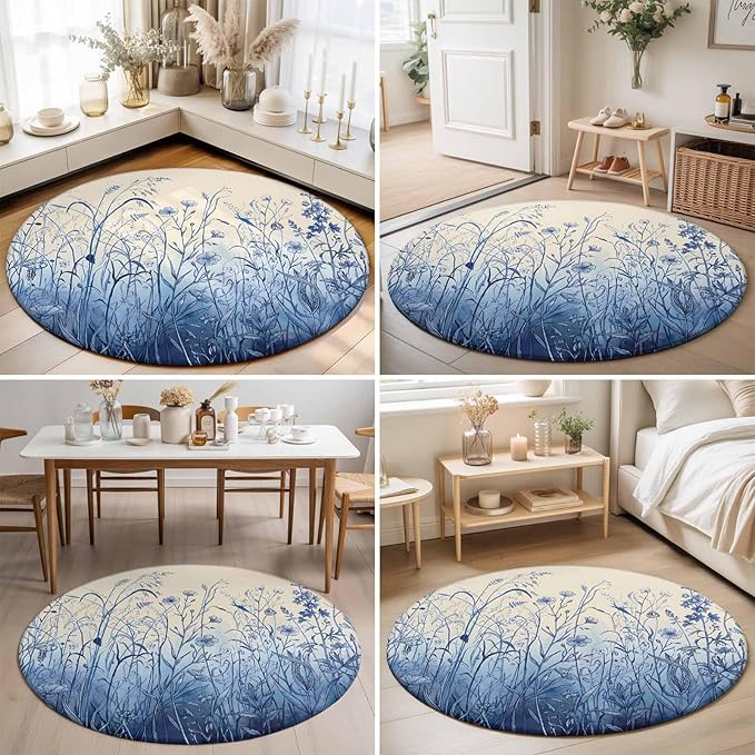 Washable Round Area Rug Vintage Boho Blue Wildflowers Meadow Circle Rugs Floor Carpet for Living Room Bedroom, Abstract Flower Soft Non Slip Round Rug 5ft