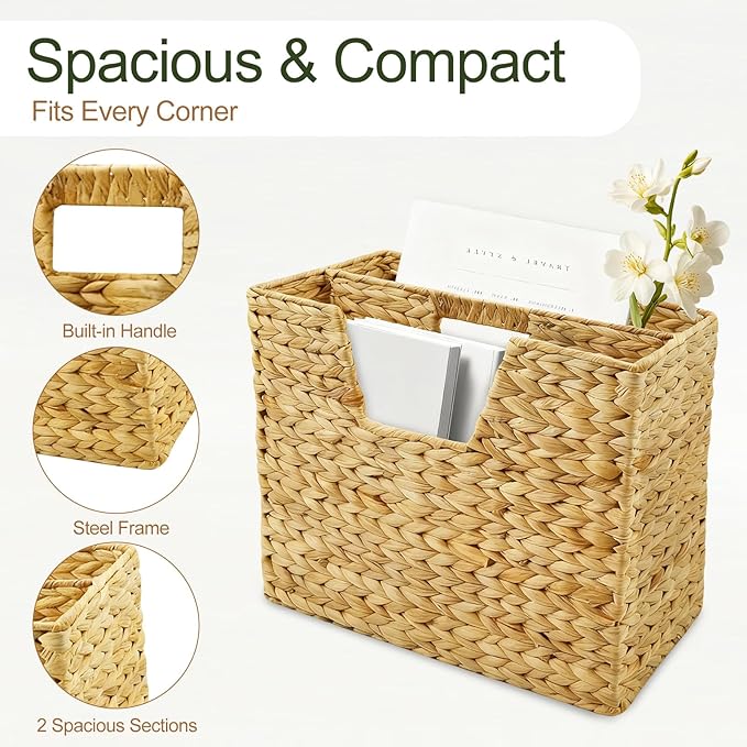 Nexboraque Handwoven Wicker Magazine Basket Decorative Water Hyacinth Storage Bin & Organizer with Handle for Office Living Room Dorm Bathroom