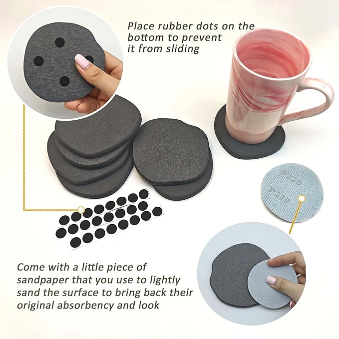 Diatomite Coasters Set of 4 | Absorbent Coasters for Drinks Cute Modern Unique Aesthetic Stone Coaster for Desks, Instant Drying, with 16 Removable Scratch Protection Pads - Dark Grey