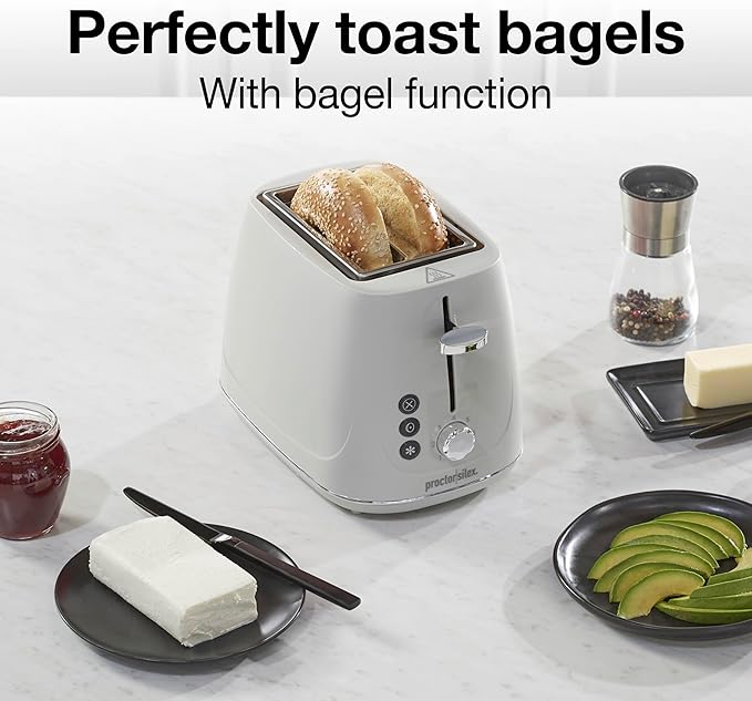 Proctor Silex Plastic 2 Slice Toaster, Bagel, Defrost & Cancel Buttons, Browning Control With 7 Shades, Auto Shutoff, Slide-Out Crumb Tray, Oat White (22660)