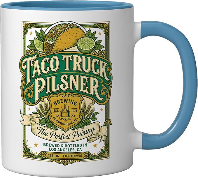 Taco Truck Pilsner Retro cerveza Funny Beer Label Ceramic Mug, Blue/White