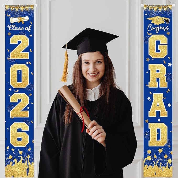 2026 Graduation Party Decorations - Blue Gold Class of 2026 Congrats Grad Porch Sign Banner Hanging Flag Graduation Party Supplies for School College Classroom Decor
