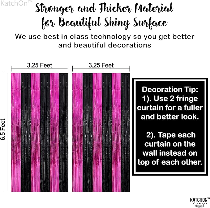 KatchOn, Large Pink and Black Foil Fringe Curtain - Pack of 2, Streamer Backdrop for Valentines Day Decorations, Black and Pink Backdrop for Galentines Day Decorations, Bachelorette, Birthday Decor