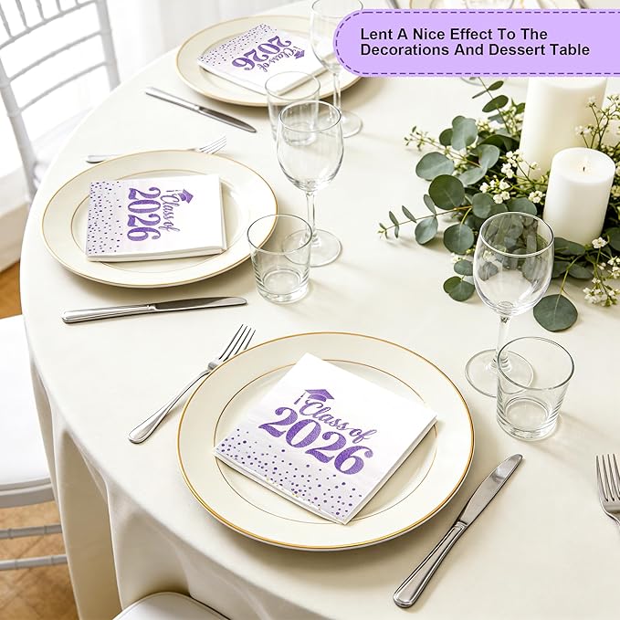 Graduation Napkins Class of 2026 Napkins Disposable Paper Napkins Congrats Grad Cocktail Napkins Graduation Decorations 2026 Purple Napkins Hand Towels for College Graduation Party Decorations 50 Pcs